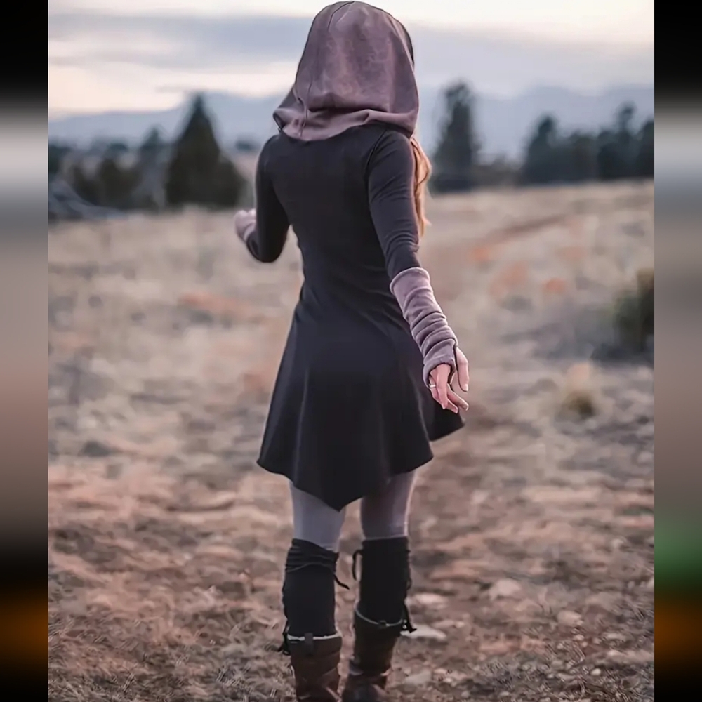 Womens large vintage gothic style Hooded dress-Black,pinkish,grey - Picture 2 of 5